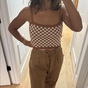 12th Tribe Brown and White Checkered Crop Top